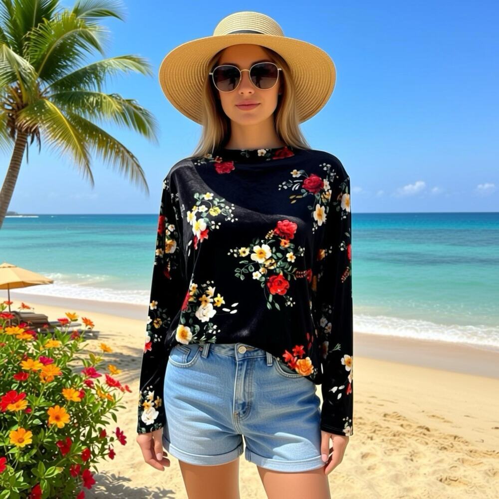 Y2K Black Velvet Floral Long Sleeve Blouse Top Soft Stretch Whimsigoth Fairy M